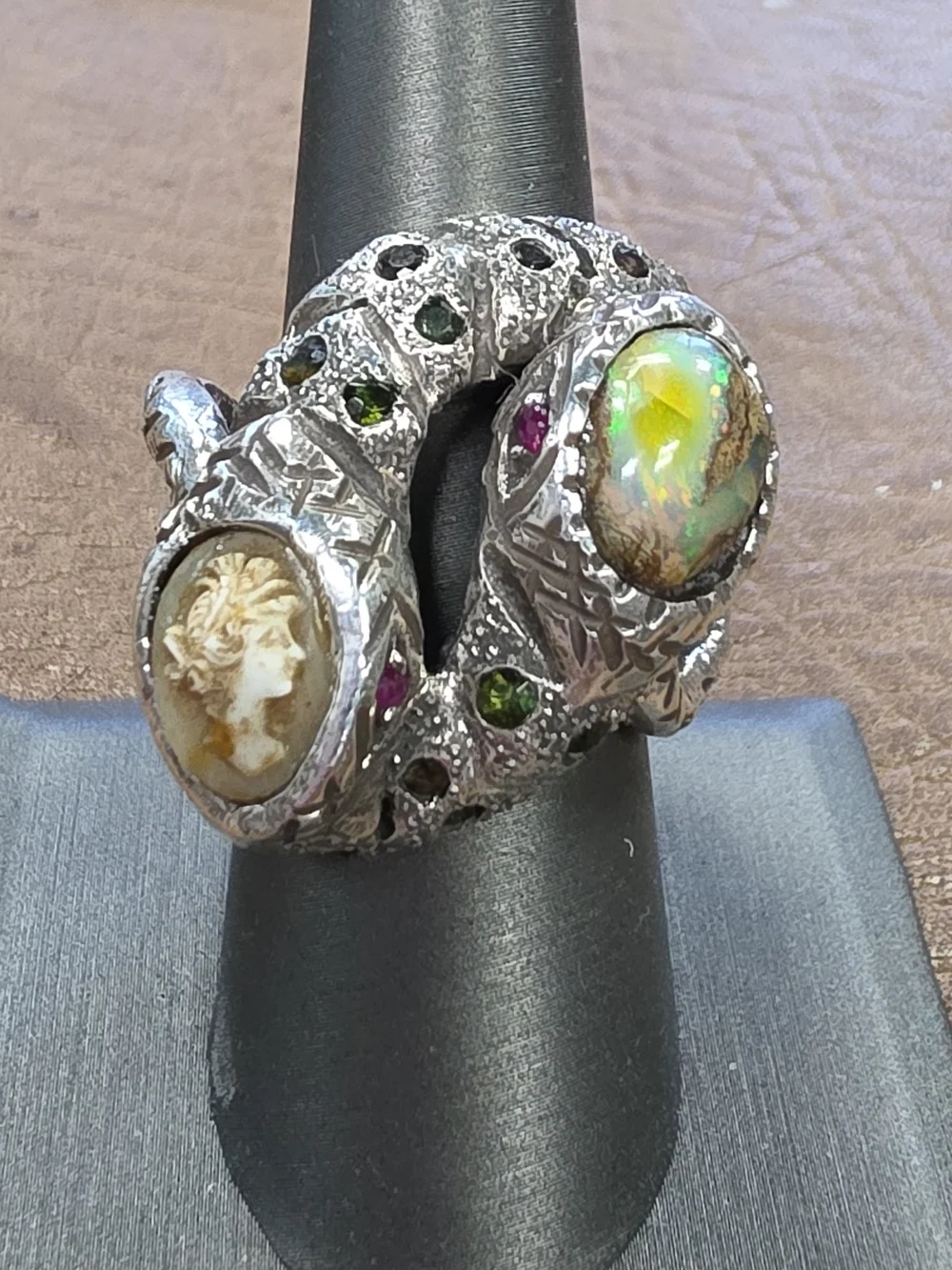 Sterling Silver Opal & Cameo Double-Headed Serpent Ring - Green Accents